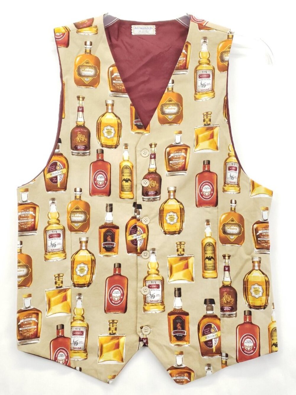 Aunty Jan Vest Waistcoat Mens Medium Beige Red Alcohol Whiskey Bottles